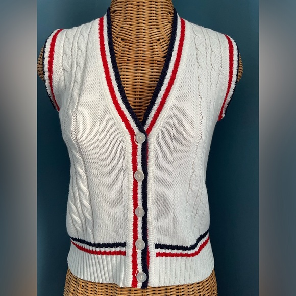 None Tops - Cable Knit Preppy Vest Button Front Red White Blue B-Neck